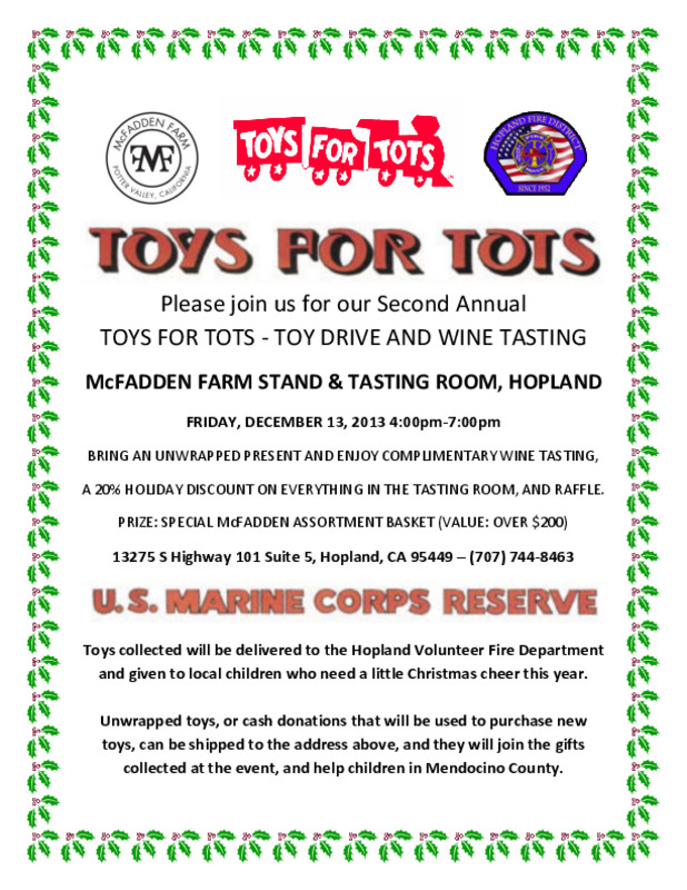Flyersup Toys For Tots Benefit At Mcfadden Farm Stand Tasting Toys For Tots Benefit Hopland Mendocino